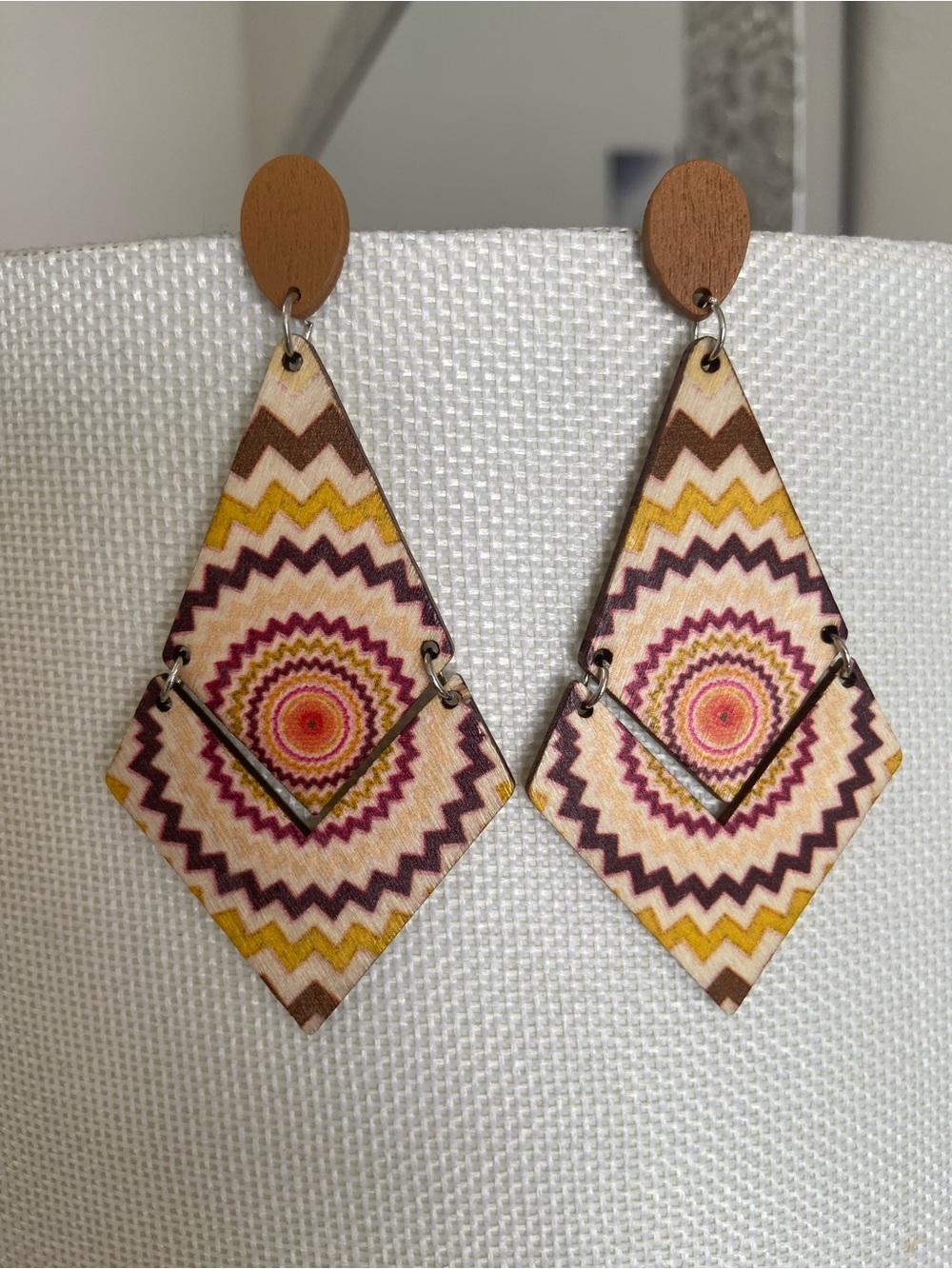 Boho Geometric Wooden Drop Earrings in Pink, Yellow & Brown